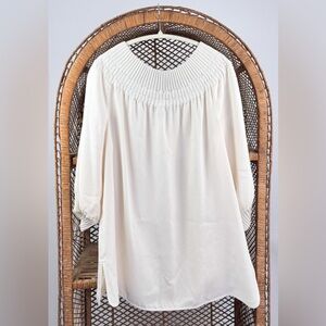 Lafayette 148 Ivory Pleated Neck Blouse XL Elegant 3/4 Sleeve